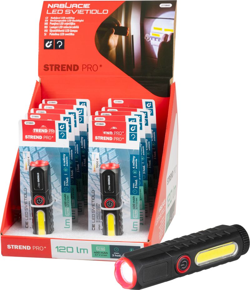 Svietidlo Strend Pro Flashlight, COB LED 120 lm, 35x35x132mm, USB nabíjanie, Sellbox 10 ks