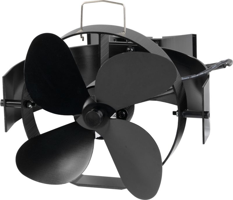 Ventilátor Strend Pro, krbový, s úchytom na dymovod a magnetom, poháňaný teplom, 4-lopatkový, čierny