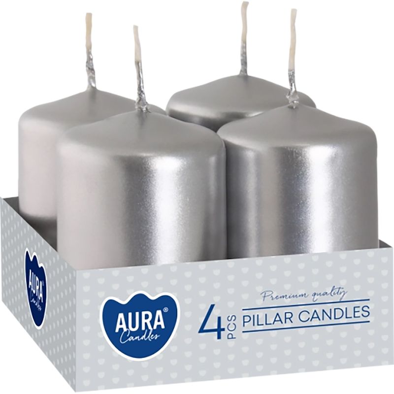 Sviečky AURA, valec, strieborná metalíza, 40x60mm, 7h, 55g, bal. 4ks