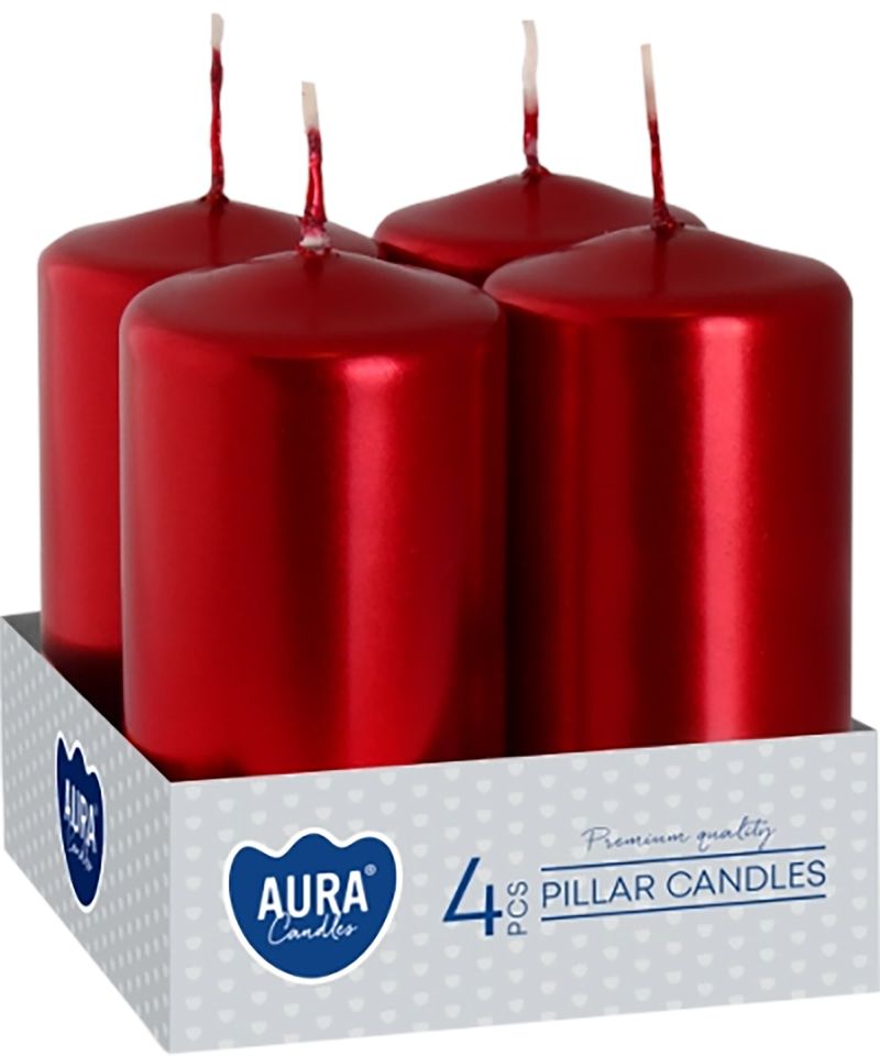 Sviečky AURA, valec, červená metalíza, 40x80mm, 9h, 80g, bal. 4ks