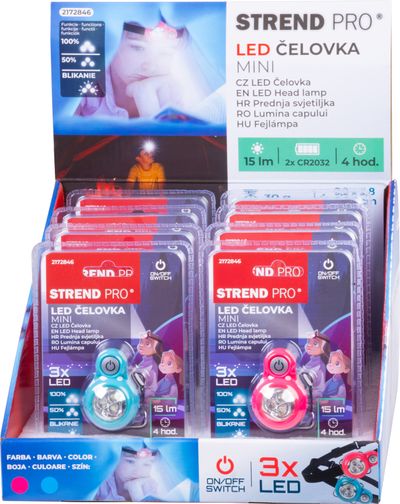 Čelovka Strend Pro Headlight, LED, 15 lm, mini, ružová/modrá, Sellbox 