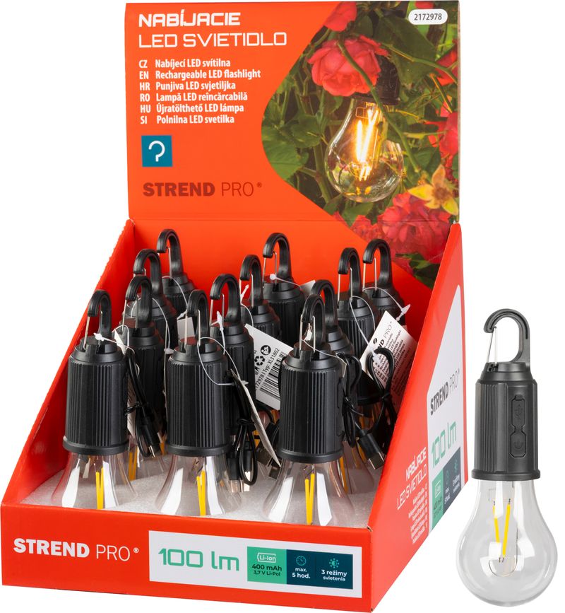 Žiarovka Strend Pro, kempingové, LED, 100 lm, 400 mAh, USB-C nabíjanie, svietidlo, sellbox 12ks