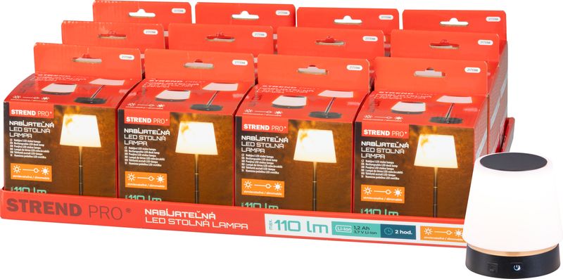 Lampa Strend Pro NLTL-12-4746, stolná, stmievateľná, teleskopická, LED 110m, 800 mAh, nabíjateľná, Sellbox 12 ks