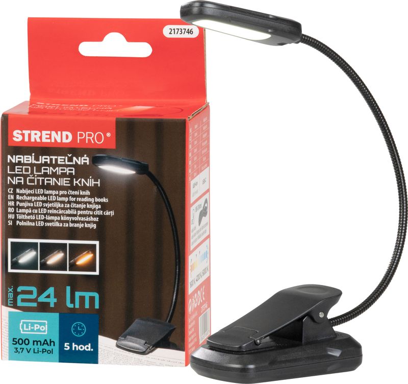 Lampa Strend Pro, na čítanie knihy, LED, USB, 24 lm, 3 farebné odtiene, stmievateľná, nabíjateľná