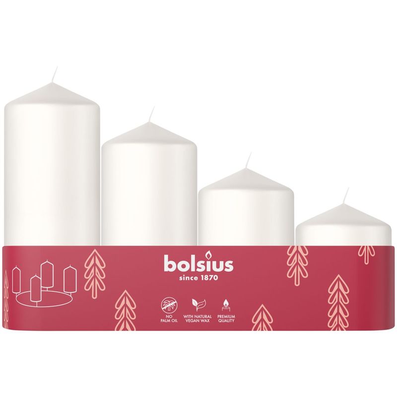 Sviečky Bolsius Pillar Advent, Vianoce, biele, 60/80/100/120x48 mm, bal. 4 ks