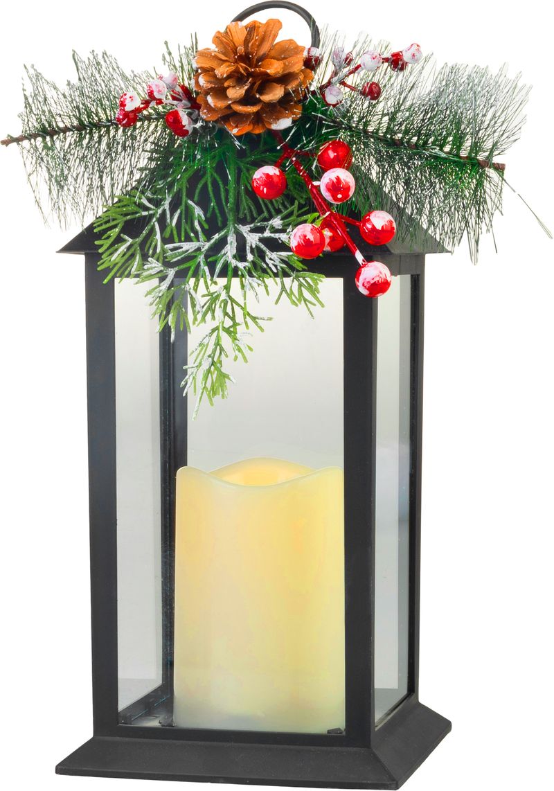 Lampáš MagicHome Vianoce, s vetvičkou, plast, čierny, 1xLED žltá, 14x14x32.2 cm, 3xAAA, pohyblivý plameň