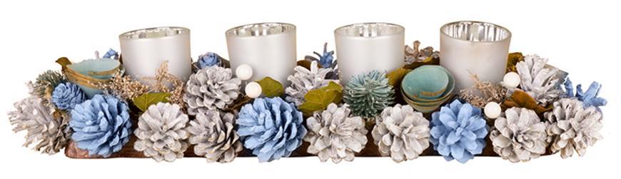 Ikebana MagicHome Vianoce, prírodná, adventná, strieborné poháriky, modrá, 45 cm