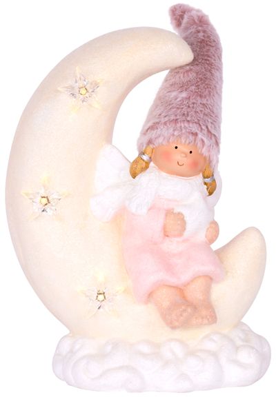 Dekorácia MagicHome Vianoce, Dievčatko sediac na mesiačiku, 3 LED, keramika, 26,50x16x35 cm
