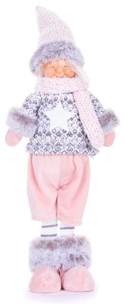 Postavička MagicHome Vianoce, Chlapček s vysokým klobúkom, látkový, ružovo-sivý, 17x13x48 cm