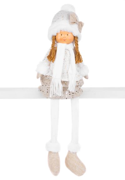 Postavička MagicHome Vianoce, Dievčatko v bielej čiapke s dlhými nohami, bielo-zlaté, látkové, 15x10
