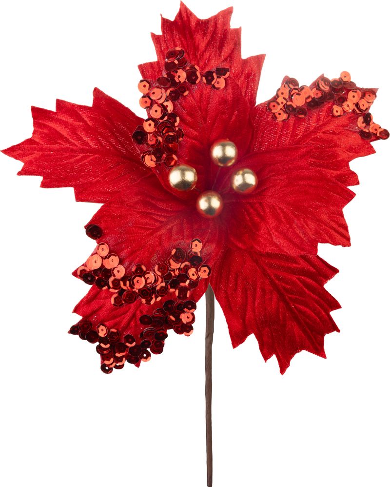 Kvet MagicHome Vianoce, poinsettia, s guľkami, červený, 18 cm, veľkosť kvetu: 20 cm