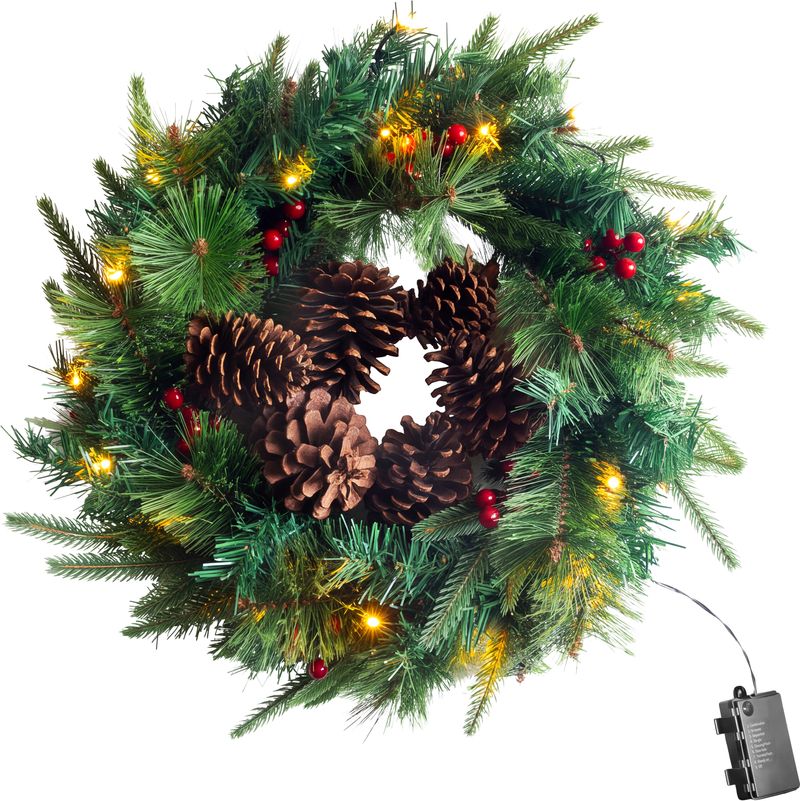 Veniec MagicHome Vianoce, so šiškami, 20xLED teplá biela, IP20, 3xAA, 45 cm