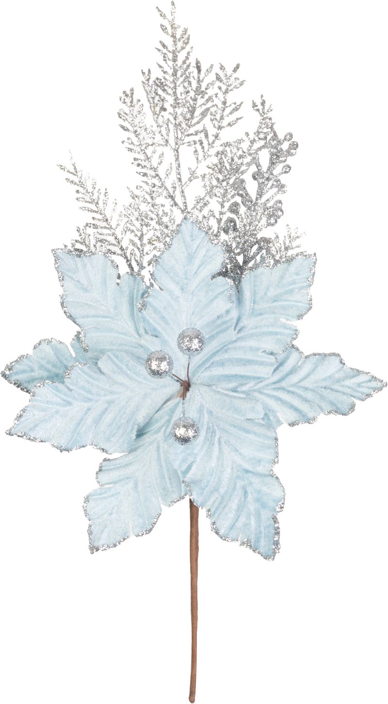 Vetvička MagicHome Vianoce, s kvetom poinsettia, modrá/strieborná, 27 cm