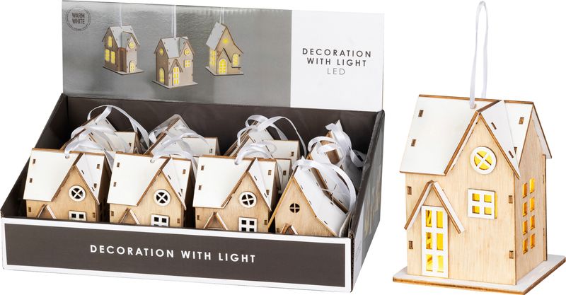 Dekorácia Domček, 3xLED, mix vzorov, 1x CR2032, Sellbox 12ks