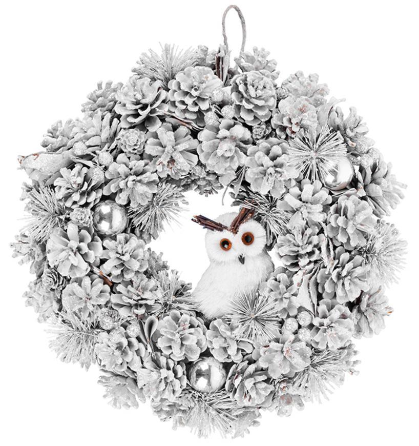 Veniec MagicHome Vianoce, so sovou, zasnežený, závesný, 40x40x12 cm