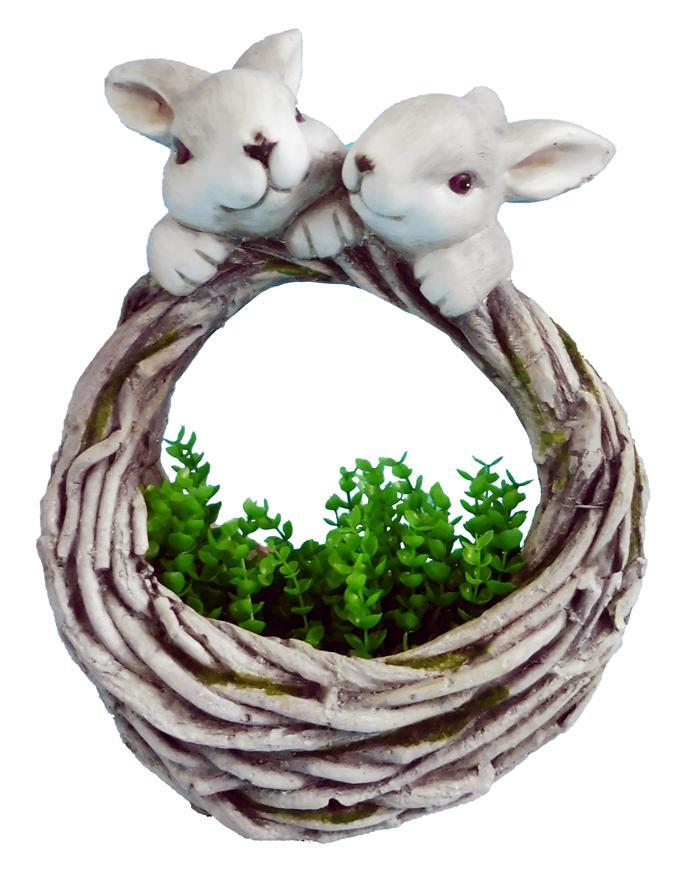 Dekorácia MagicHome Gecco, Košík so zajačikmi, magnesia, 27x15x38 cm