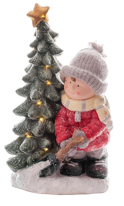 Dekorácia MagicHome Vianoce, Chlapček pri stromčeku, 25 LED, 2xAA, keramika, 32x28x55 cm