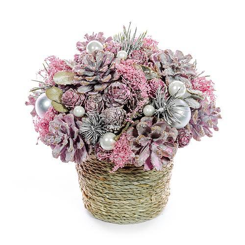 Ikebana MagicHome Vianoce, prírodná, ružová, 20 cm